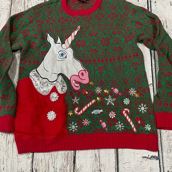 Unicorn Ugly Christmas Crewneck Sweater Jumper Pullover Shirt - Picture 2 of 6